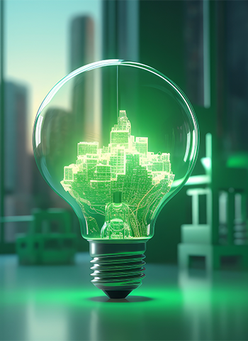 Green lightbulb with small city inside