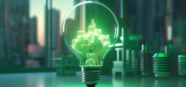 Green light bulb with city inside